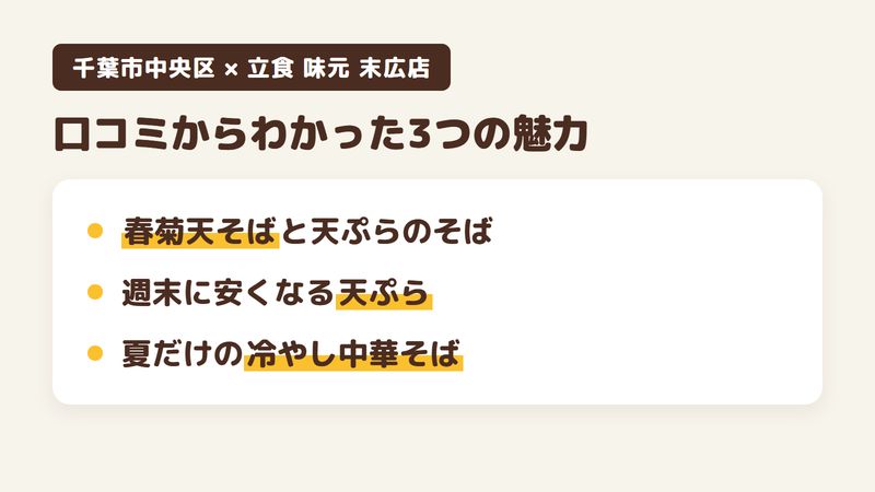千葉市中央区末広の立ち食いそば「立食 味元 末広店」の口コミからわかった3つの魅力（春菊天そばと天ぷらのそば／週末に安くなる天ぷら／夏だけの冷やし中華そば）をまとめた画像