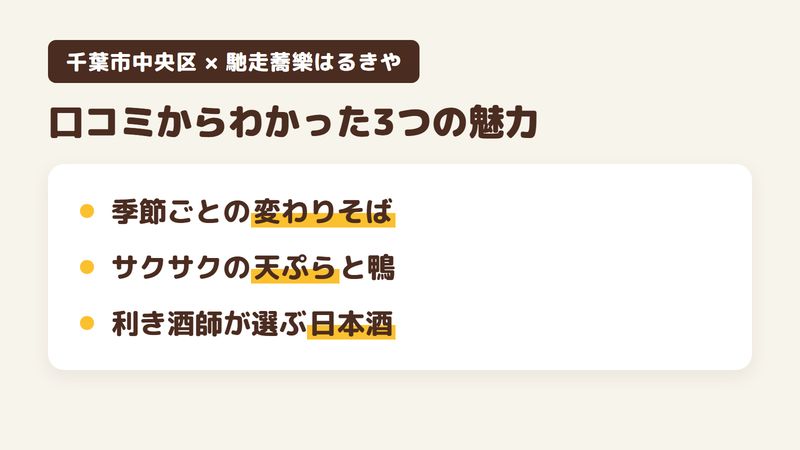 千葉市中央区祐光のそば屋「馳走蕎樂はるきや」の口コミからわかった3つの魅力（季節ごとの変わりそば／サクサクの天ぷらとやわらかい鴨／利き酒師が選ぶ日本酒と和モダンの店内）をまとめた画像