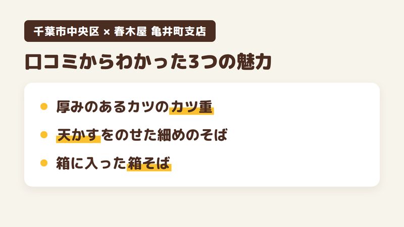 千葉市中央区亀井町のそば屋「春木屋 亀井町支店」の口コミからわかった3つの魅力（厚みのあるカツのカツ重／天かすをのせた細めのそば／箱に入った箱そば）をまとめた画像