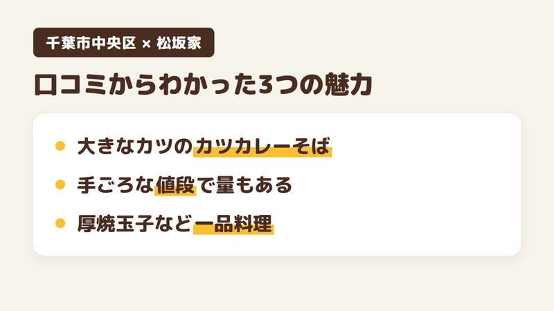 千葉市中央区祐光のそば屋「松坂家」の口コミからわかった3つの魅力（大きなカツをのせたカツカレーそば／手ごろな値段で量もある／厚焼玉子などの一品料理とそば湯割）をまとめた画像