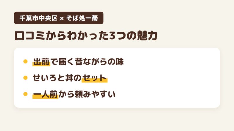 千葉市中央区弁天のそば屋「そば処一蕎」の口コミからわかった3つの魅力（出前で届く昔ながらの味／せいろと丼を組み合わせたセット／一人前から頼みやすい）をまとめた画像