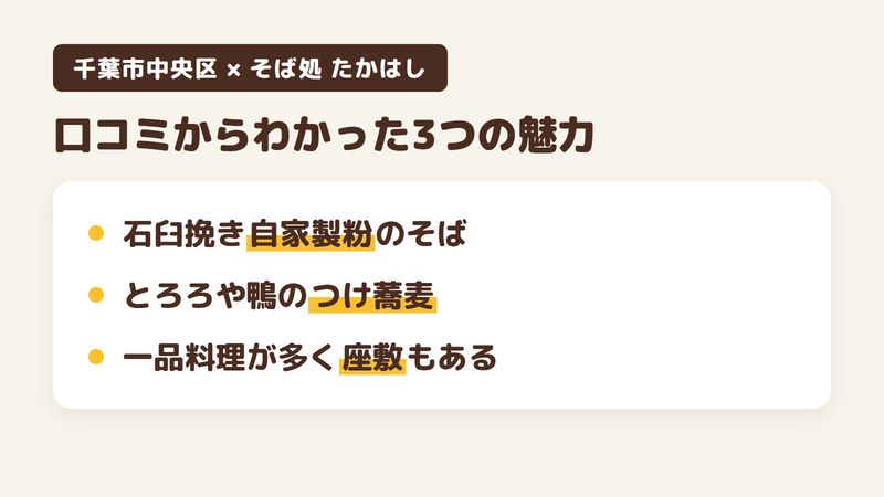 千葉市中央区新宿のそば屋「そば処 たかはし」の口コミからわかった3つの魅力（石臼挽き自家製粉の風味のよいそば／つけとろろやカレー鴨のつけ蕎麦／ごぼうの唐揚げなど一品料理と座敷）をまとめた画像