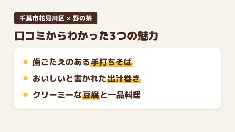千葉市花見川区幕張町のそば屋「野の茶」の口コミからわかった3つの魅力(歯ごたえのある手打ちそば/おいしいと書かれた出汁巻き/クリーミーな豆腐と一品料理)をまとめた画像