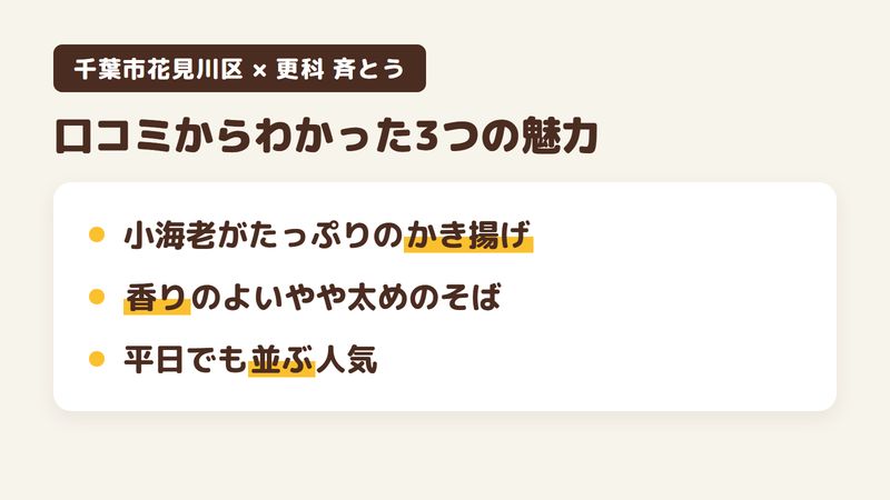 千葉市花見川区花園のそば屋「更科 斉とう」の口コミからわかった3つの魅力（小海老がたっぷりのかき揚げ／香りのよいやや太めのそば／平日でも並ぶ人気）をまとめた画像