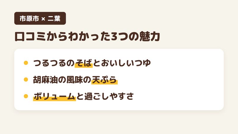 千葉県市原市馬立のそば屋「二葉」の口コミからわかった3つの魅力（つるつるのそばとおいしいつゆ／胡麻油の風味のサクサクの天ぷら／ボリュームと過ごしやすさ）をまとめた画像