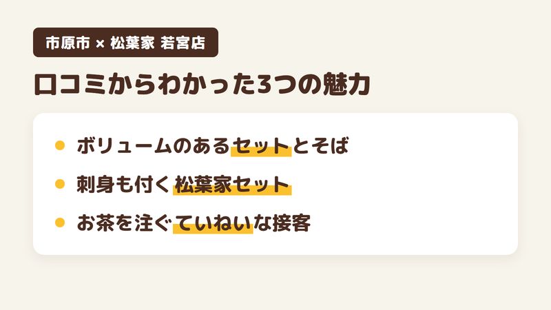 千葉県市原市菊間のそば屋「松葉家 若宮店」の口コミからわかった3つの魅力（ボリュームのあるセットとそば／刺身や焼き魚も付く松葉家セット／お茶を注いでくれるていねいな接客）をまとめた画像
