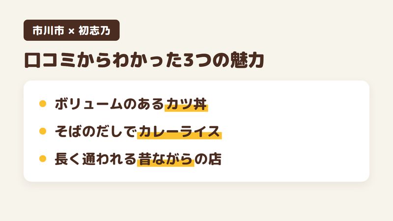 千葉県市川市塩焼のそば屋「初志乃」の口コミからわかった3つの魅力（ボリュームのあるカツ丼／そばのだしでカレーライス／長く通われる昔ながらの店）をまとめた画像