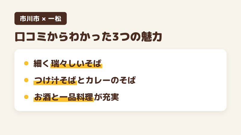 市川市市川のそば屋「一松」の口コミからわかった3つの魅力（細く瑞々しいそば／つけ汁そばとカレーのそば／お酒と一品料理が充実）をまとめた画像
