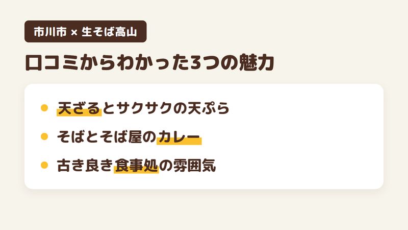 千葉県市川市南大野のそば屋「生そば高山」の口コミからわかった3つの魅力（天ざるとサクサクの天ぷら／そばとそば屋のカレー／古き良き食事処の雰囲気）をまとめた画像