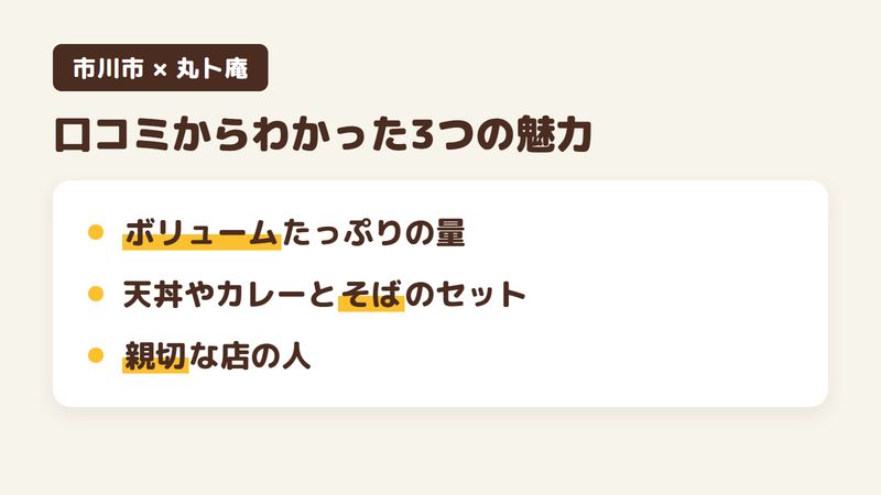 市川市新田のそば屋「丸卜庵」の口コミからわかった3つの魅力（ボリュームたっぷりの量／天丼やカレーとそばのセット／親切な店の人）をまとめた画像