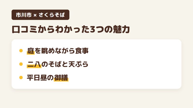 市川市塩焼のそば屋「さくらそば」の口コミからわかった3つの魅力（庭を眺めながら食事／二八のそばと天ぷら／平日昼の御膳）をまとめた画像