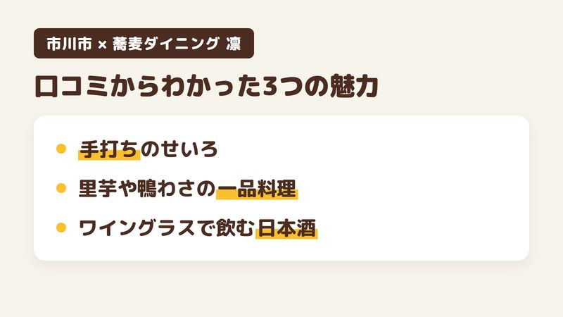 市川市八幡の「蕎麦ダイニング 凛＜RIN＞」の口コミからわかった3つの魅力（手打ちのせいろ／里芋や鴨わさの一品料理／ワイングラスで飲む日本酒）をまとめた画像