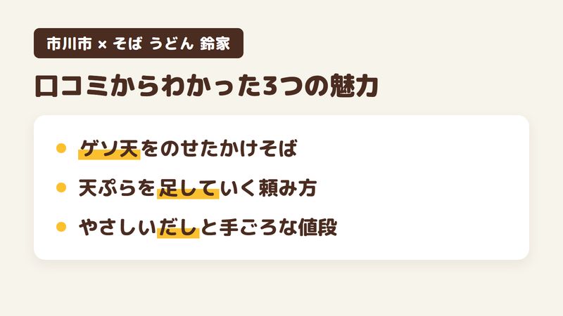 千葉県市川市市川南のそば・うどん店「そば うどん 鈴家」の口コミからわかった3つの魅力（ゲソ天をのせたかけそば／天ぷらを足していく頼み方／やさしいだしと手ごろな値段）をまとめた画像