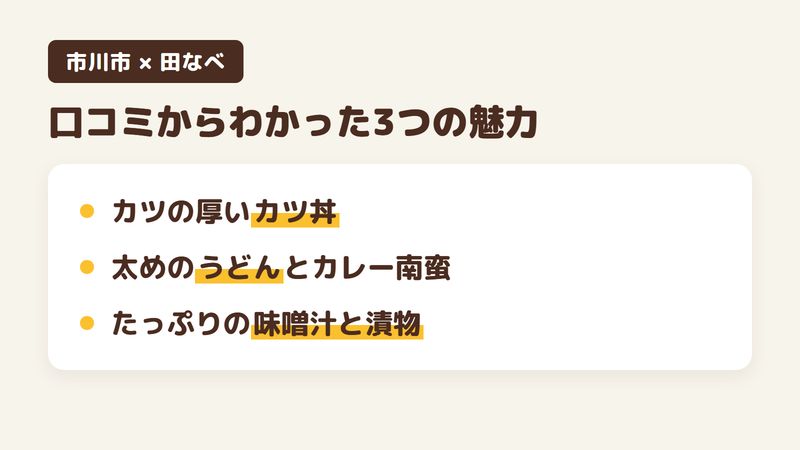 市川市曽谷のそば屋「田なべ」の口コミからわかった3つの魅力（カツの厚いカツ丼／太めのうどんとカレー南蛮・鴨南／たっぷりの味噌汁と漬物が付く）をまとめた画像