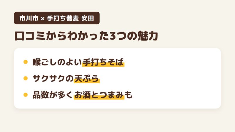 市川市市川南のそば屋「手打ち蕎麦 安田」の口コミからわかった3つの魅力（喉ごしのよい手打ちそば／サクサクの天ぷら／品数が多くお酒とつまみも楽しめる）をまとめた画像