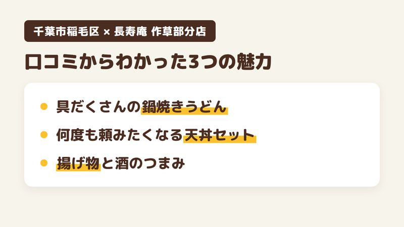 千葉市稲毛区作草部のそば屋「長寿庵 作草部分店」の口コミからわかった3つの魅力（具だくさんの鍋焼きうどん／何度も頼みたくなる天丼セット／揚げ物と酒のつまみ）をまとめた画像