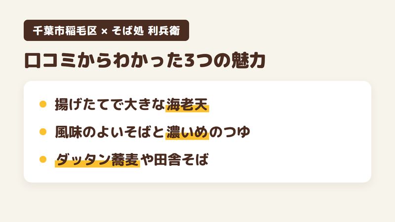 千葉市稲毛区稲毛東のそば処「そば処 利兵衛」の口コミからわかった3つの魅力（揚げたてで大きな海老天／風味のよいそばと濃いめのつゆ／ダッタン蕎麦や田舎そば）をまとめた画像