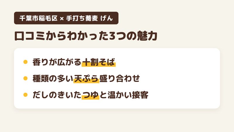 千葉市稲毛区天台のそば屋「手打ち蕎麦 げん」の口コミからわかった3つの魅力（香りが広がる手打ちの十割そば／種類の多い天ぷら盛り合わせ／だしのきいたつゆと温かい接客）をまとめた画像