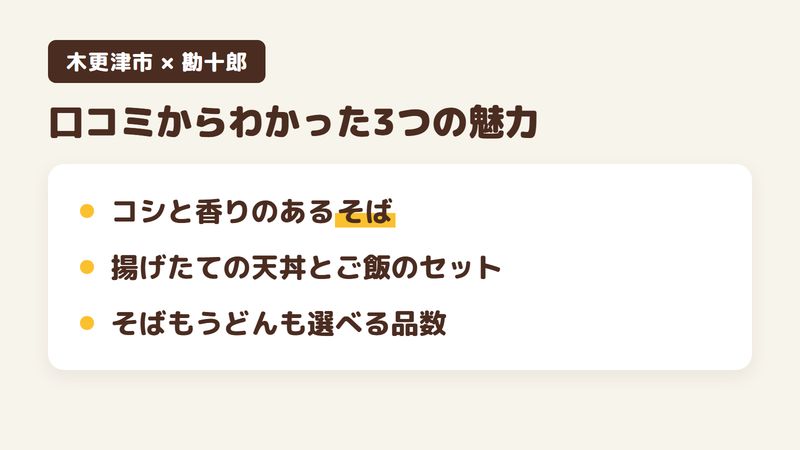 千葉県木更津市潮見のそば屋「勘十郎」の口コミからわかった3つの魅力（コシと香りのあるそば／揚げたての天丼とご飯のセット／品数の多いメニュー）をまとめた画像