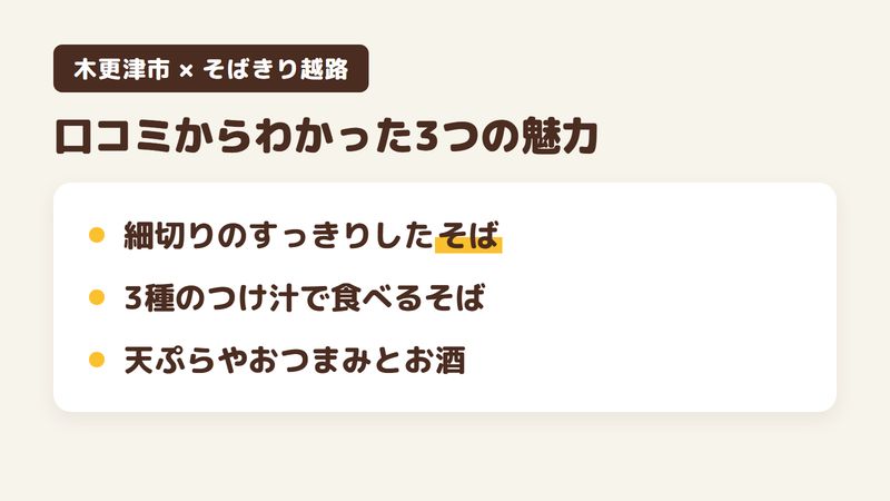 千葉県木更津市富士見のそば屋「そばきり越路」の口コミからわかった3つの魅力（細切りのすっきりしたそば／3種のつけ汁で食べるそば／天ぷらやおつまみとお酒）をまとめた画像