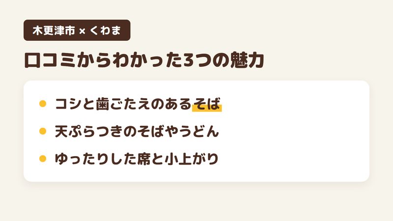 千葉県木更津市長須賀のそば屋「手打そば くわま」の口コミからわかった3つの魅力(コシと歯ごたえのあるそば/天ぷらつきのそばやうどん/ゆったりした席と小上がり)をまとめた画像