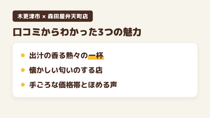 千葉県木更津市富士見のそば屋「森田屋弁天町店」の口コミからわかった3つの魅力（出汁の香る熱々の一杯／懐かしい匂いのする店／手ごろな価格帯とほめる声）をまとめた画像