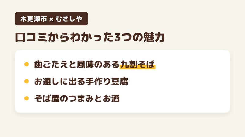 千葉県木更津市請西東のそば屋「蕎麦香房 むさしや」の口コミからわかった3つの魅力（歯ごたえと風味のある九割そば／お通しに出る手作り豆腐／そば屋のつまみとお酒）をまとめた画像