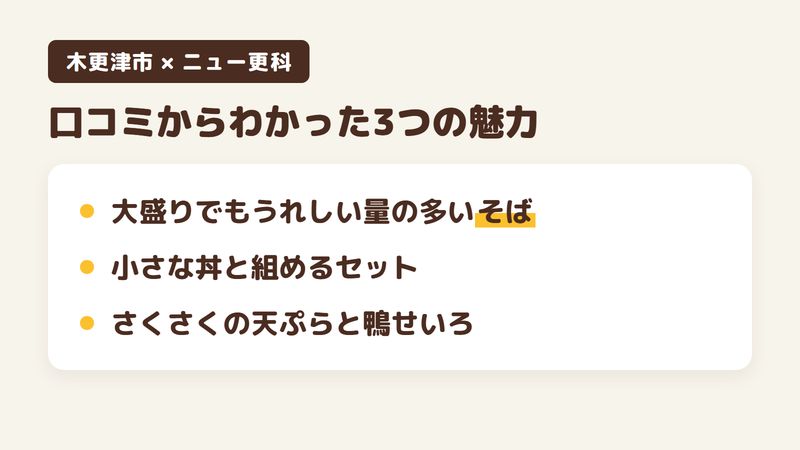 千葉県木更津市高柳のそば屋「ニュー更科」の口コミからわかった3つの魅力(大盛りでもうれしい量の多いそば/小さな丼と組めるセット/さくさくの天ぷらと鴨せいろ)をまとめた画像
