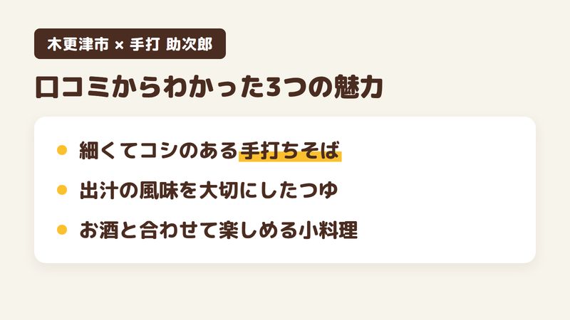 千葉県木更津市本郷のそば屋「手打 助次郎」の口コミからわかった3つの魅力（細くてコシのある手打ちそば／出汁の風味を大切にしたつゆ／お酒と合わせて楽しめる小料理）をまとめた画像