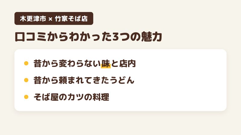 千葉県木更津市清見台南のそば屋「竹家そば店」の口コミからわかった3つの魅力（昔から変わらない味と店内／昔から頼まれてきたうどん／そば屋のカツの料理）をまとめた画像