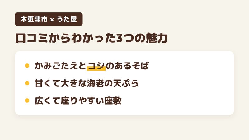 千葉県木更津市東太田のそば屋「うた屋」の口コミからわかった3つの魅力(かみごたえとコシのあるそば/甘くて大きな海老の天ぷら/広くて座りやすい座敷)をまとめた画像