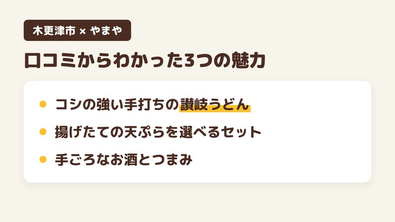 千葉県木更津市富士見のうどん店「さぬきうどんやまや」の口コミからわかった3つの魅力(コシの強い手打ちの讃岐うどん/揚げたての天ぷらを選べるセット/手ごろなお酒とつまみ)をまとめた画像