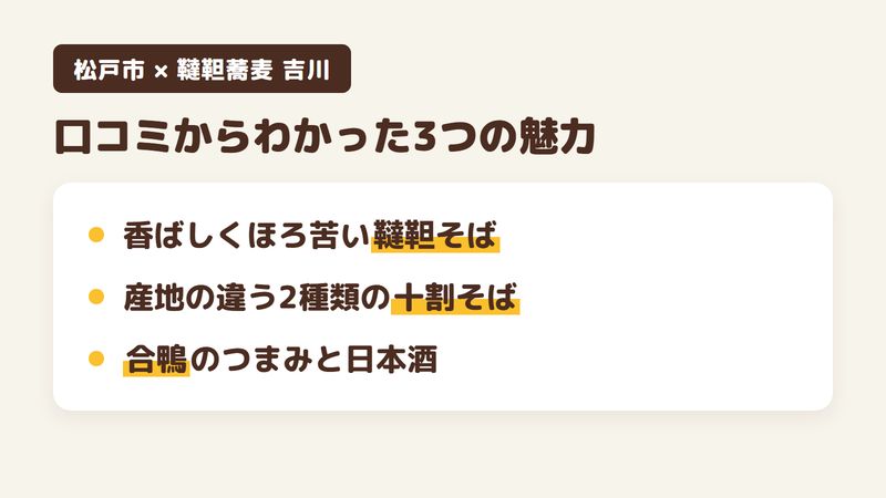 松戸市紙敷のそば屋「韃靼蕎麦 吉川」の口コミからわかった3つの魅力（香ばしくほろ苦い韃靼そば／産地の違う2種類の十割そば／合鴨のつまみと日本酒）をまとめた画像