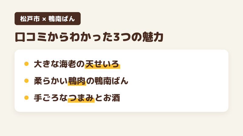 松戸市常盤平のそば屋「鴨南ばん」の口コミからわかった3つの魅力（大きな海老の天ぷらが付く天せいろ／柔らかい鴨肉の鴨南ばん／手ごろなつまみとお酒）をまとめた画像