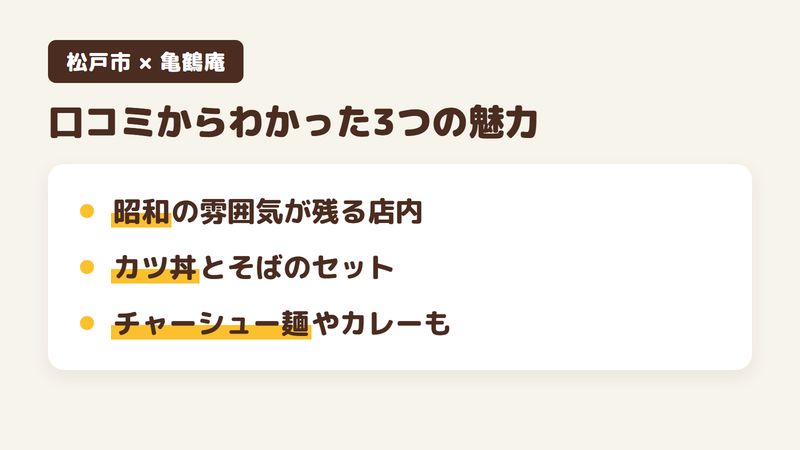 松戸市松戸新田のそば屋「亀鶴庵」の口コミからわかった3つの魅力（昭和の雰囲気が残る店内／カツ丼とそばのセット／チャーシュー麺やカレーなどの品）をまとめた画像