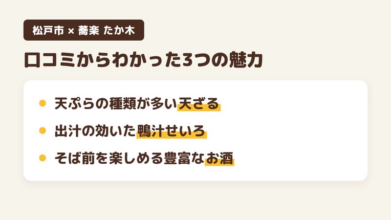 松戸市六高台のそば屋「蕎楽 たか木」の口コミと店の案内ページからわかった3つの魅力（種類の多い天ぷらの天ざる／出汁の効いた鴨汁せいろ／そば前を楽しめる豊富なお酒）をまとめた画像