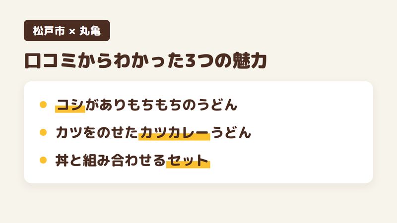 松戸市松戸新田のうどん店「丸亀」の口コミからわかった3つの魅力（コシがありもちもちのうどん／カツをのせたカツカレーうどん／丼と組み合わせるセット）をまとめた画像