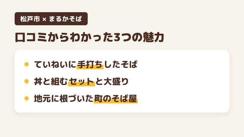 松戸市常盤平柳町のそば屋「まるかそば」の口コミからわかった3つの魅力（ていねいに手打ちしたそば／丼と組み合わせるセットと大盛り／地元に根づいた町のそば屋）をまとめた画像