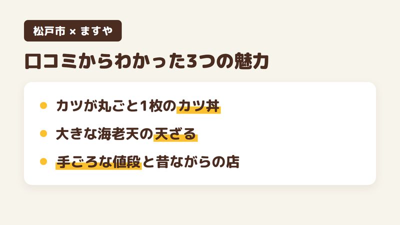 千葉県松戸市松戸新田のそば屋「ますや」の口コミからわかった3つの魅力（カツが丸ごと1枚のるカツ丼／大きな海老天の天ざる／手ごろな値段と昔ながらの店）をまとめた画像