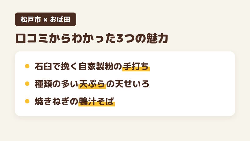 松戸市日暮のそば屋「おば田」の口コミと店の案内ページからわかった3つの魅力（石臼で挽く自家製粉の手打ちそば／種類の多い天ぷらの天せいろ／焼きねぎの鴨汁そばと鴨のつまみ）をまとめた画像