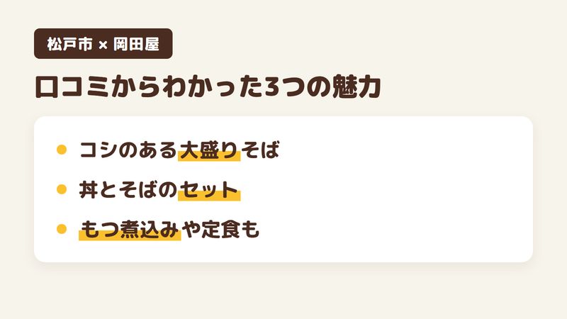 松戸市五香西のそば屋「岡田屋」の口コミからわかった3つの魅力（コシのあるボリュームの大盛りそば／丼とそばを組み合わせたセット／もつ煮込みや定食などの品）をまとめた画像