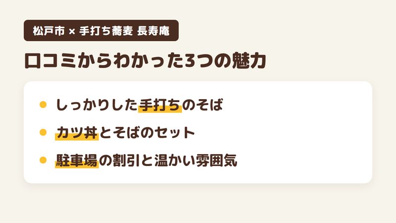 松戸市常盤平のそば屋「手打ち蕎麦 長寿庵」の口コミからわかった3つの魅力（しっかりした手打ちのそばとそば湯／カツ丼とそばのセット／駐車場の割引とアットホームな雰囲気）をまとめた画像
