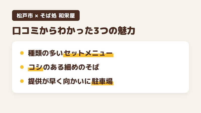 松戸市栄町西のそば屋「そば処 和栄屋」の口コミからわかった3つの魅力（種類の多いセットメニュー／コシのある細めのそば／提供が早く向かいに駐車場）をまとめた画像