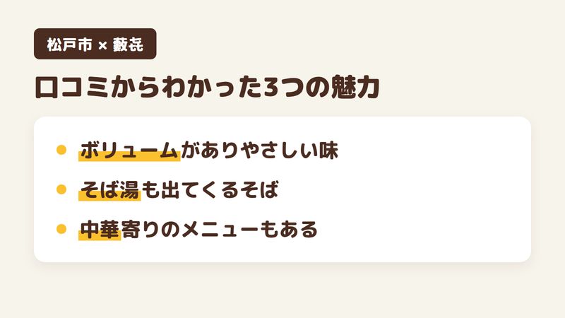 松戸市久保平賀のそば屋「藪㐂」の口コミからわかった3つの魅力(ボリュームがありやさしい味付け/そば湯も出てくるそば/中華寄りのメニューもある町のそば屋)をまとめた画像