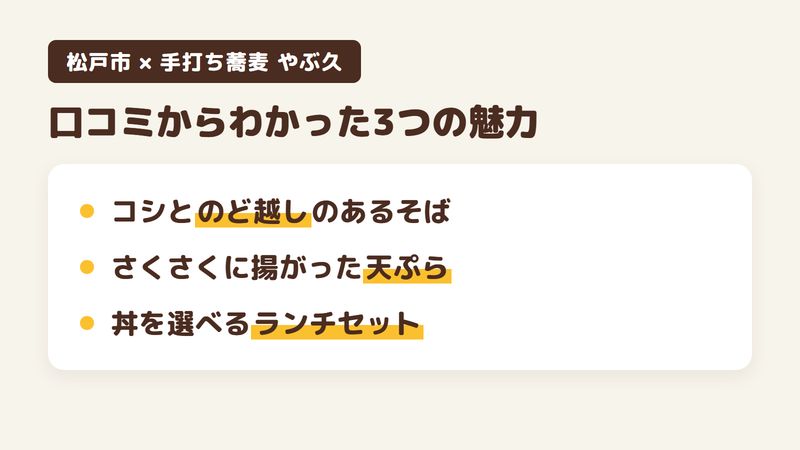 松戸市小根本のそば屋「手打ち蕎麦 やぶ久」の口コミからわかった3つの魅力（コシとのど越しのあるそば／さくさくに揚がった天ぷら／丼を選べるランチセット）をまとめた画像