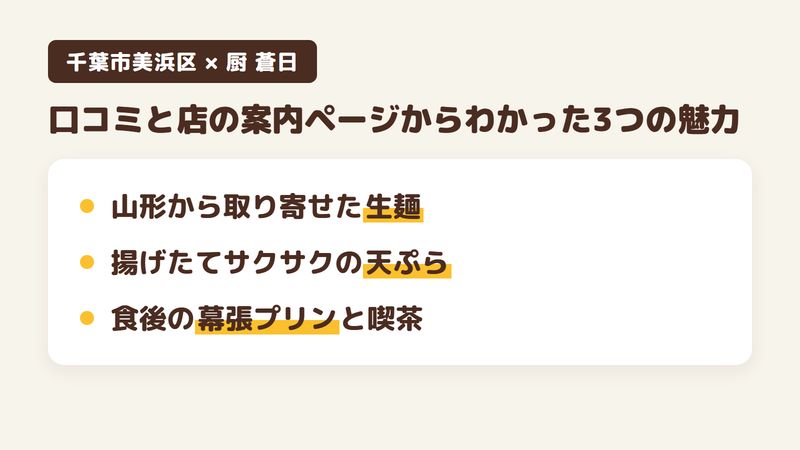 千葉市美浜区若葉のそばと喫茶の店「厨 蒼日 幕張ベイパーク店」の口コミと店の案内ページからわかった3つの魅力（山形から取り寄せた生麺のそば／揚げたてサクサクの天ぷら／食後の幕張プリンと喫茶）をまとめた画像