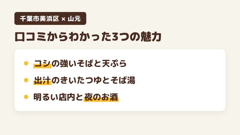 千葉市美浜区磯辺のそば屋「山元」の口コミからわかった3つの魅力（コシが強く量もあるそばと立派な天ぷら／出汁のきいたつゆとそば湯／明るく落ち着いた店内と夜のお酒）をまとめた画像