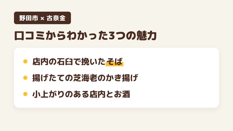 千葉県野田市野田のそば屋「古奈金（こなきん）」の口コミからわかった3つの魅力（店内の石臼で挽いたそば／揚げたての芝海老のかき揚げ／小上がりのある店内とお酒）をまとめた画像