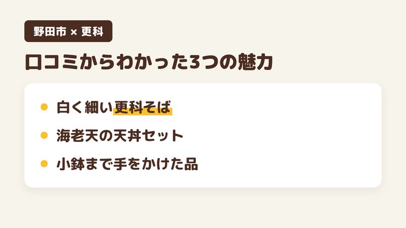 千葉県野田市桜台のそば屋「そば処 更科」の口コミからわかった3つの魅力（白く細い更科そば／海老天の天丼セット／小鉢まで手をかけた品）をまとめた画像