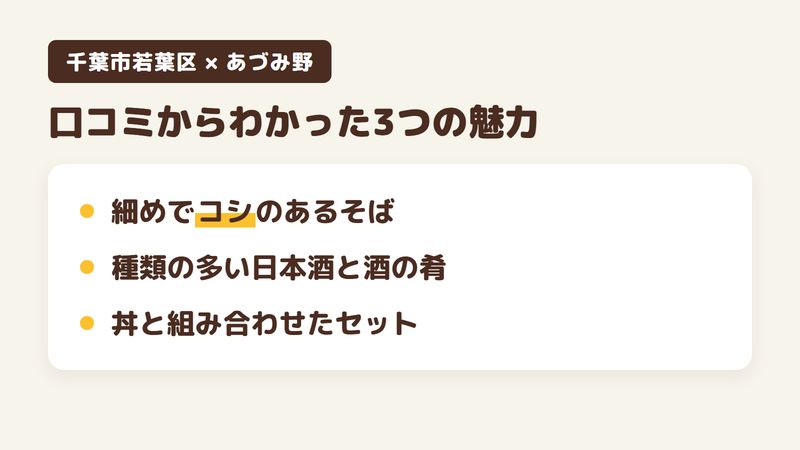 千葉市若葉区西都賀のそば屋「あづみ野」の口コミからわかった3つの魅力（細めでコシのあるそば／種類の多い日本酒と酒の肴／丼と組み合わせたセット）をまとめた画像